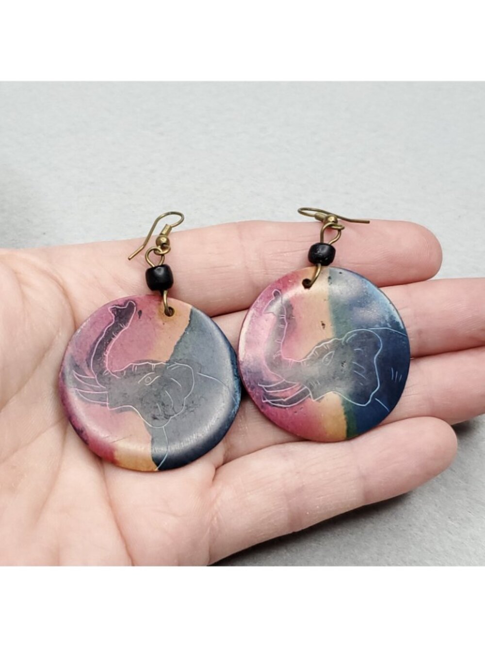 Elephant Earrings Dangle Dyed Etched Carved Soapstone Double Sided 1.5" - Picture 5 of 6